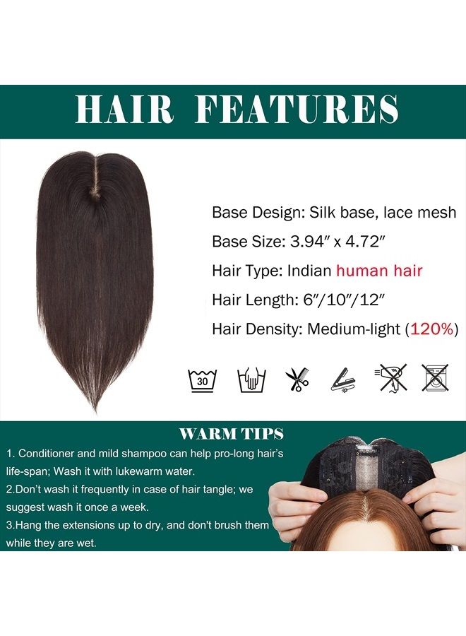 S-noilite Human Hair Toppers 130% Density Hand Made Silk Base Clip in Topper Top Hair Pieces For Women with Thinning Hair/Hair Loss Cover Gray Hair 12Inch 40g #2 Dark Brown - Image 5