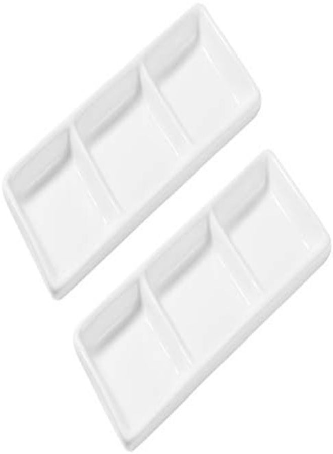 AKDC 2Pcs White Ceramic Serving Platter 3 Compartment Appetizer Serving Tray Rectangular Divided Sauce Dishes For Restaurant Kitchen Spices Vinegar Nuts - 5.9 X 2.6 Inch - Image 1