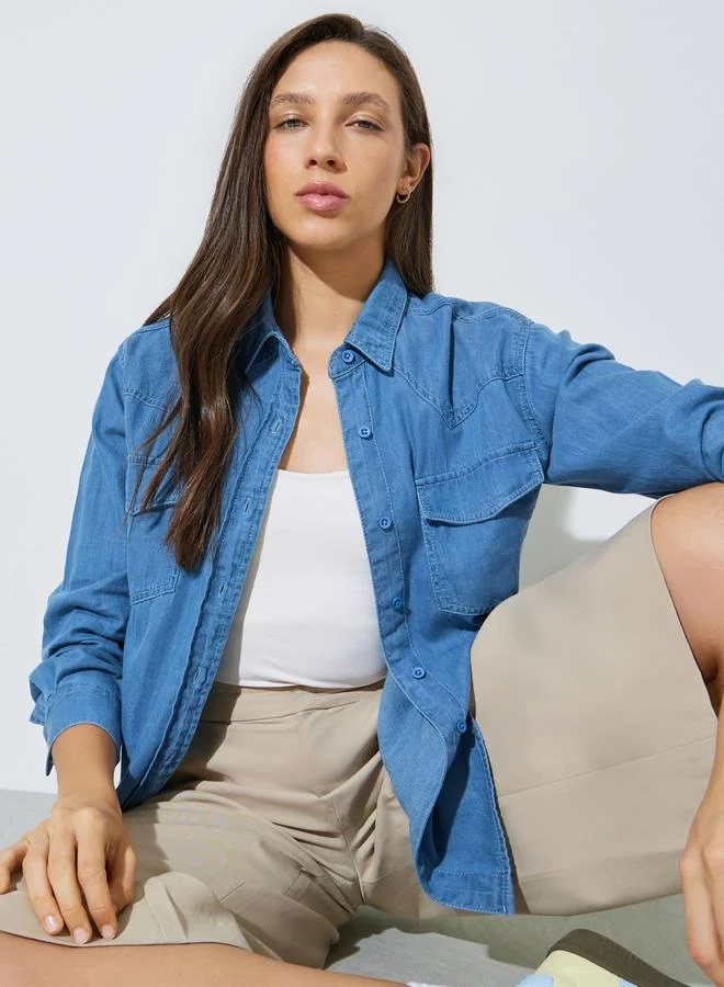 ستايلي Medium Blue Relaxed Fit Cotton Denim Shirt with Pockets