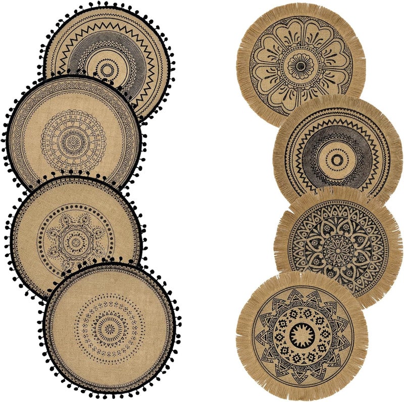 capasin Round Placemats Set of 8 Dining Winter Modern Dinner Braided Beige Boho Round Table and Fall Circle Placemats Boho Tssels Runner Kitchen Table Plate Mats Set of 8 Black 8 - Image 3