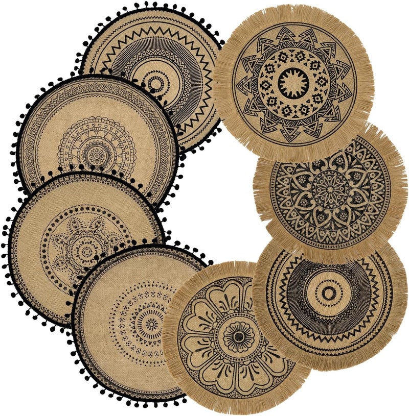 capasin Round Placemats Set of 8 Dining Winter Modern Dinner Braided Beige Boho Round Table and Fall Circle Placemats Boho Tssels Runner Kitchen Table Plate Mats Set of 8 Black 8 - Image 1