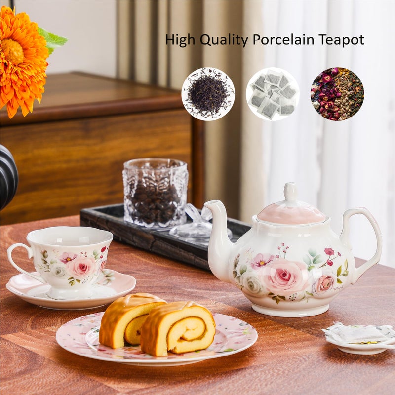PRECITIME 27oz Floral Porcelain Teapot, Classic Ceramic Teapot for Loose Leaf Tea & Tea Bags, Elegant Small Teapot with Rose Pattern, Dishwasher Safe - Image 3