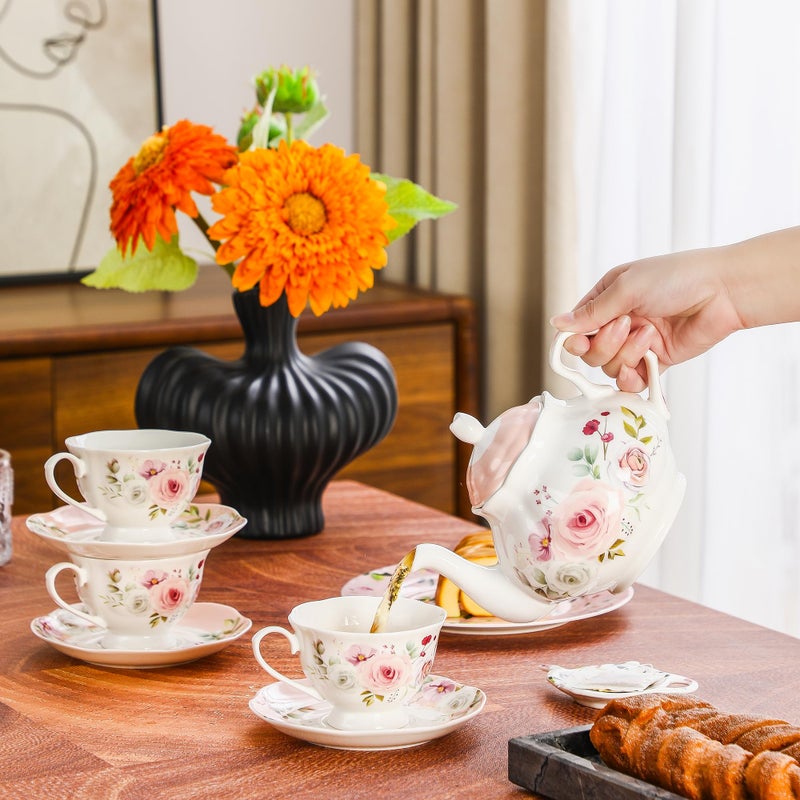 PRECITIME 27oz Floral Porcelain Teapot, Classic Ceramic Teapot for Loose Leaf Tea & Tea Bags, Elegant Small Teapot with Rose Pattern, Dishwasher Safe - Image 4