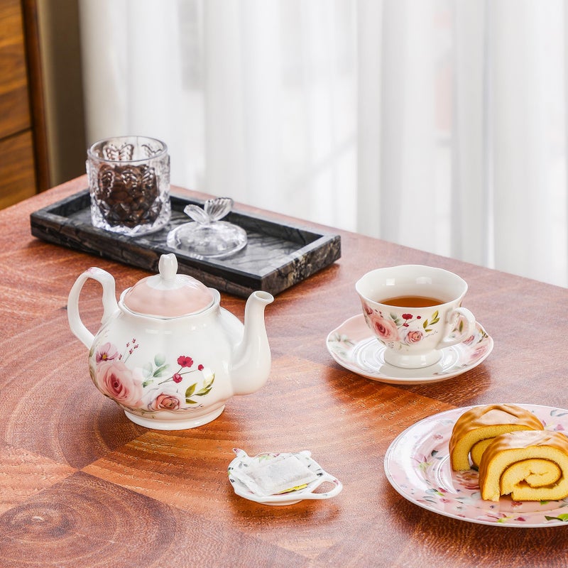 PRECITIME 27oz Floral Porcelain Teapot, Classic Ceramic Teapot for Loose Leaf Tea & Tea Bags, Elegant Small Teapot with Rose Pattern, Dishwasher Safe - Image 5