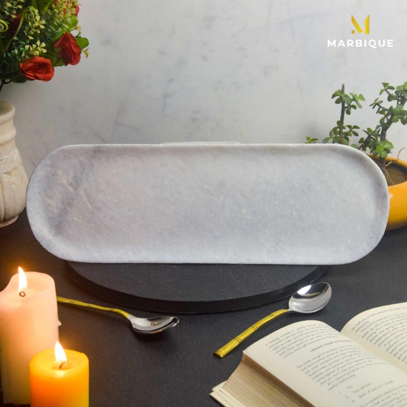 MARBIQUE Handcrafted Indian Marble Tray - Bathroom Vanity Tray, Jewelry Organizer, Decorative Serving Tray for Tea & Coffee | Home Décor & Storage | Elegant Housewarming & Wedding Gift 38 * 13 cm - Image 2