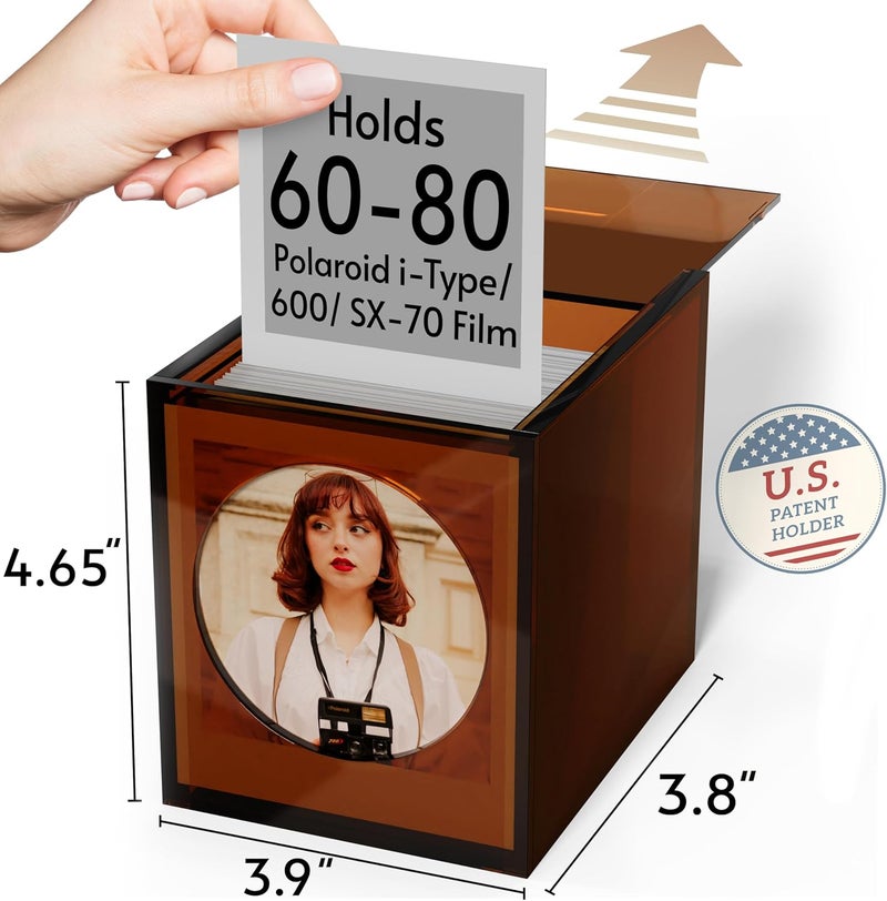WINKINE Acrylic Polaroid Photo Storage Box & Frame, Photo Frame for Film 4.2’’x3.5’’ with Sliding Lid, Polaroid Storage Box for i-Type/600/SX-70/Instax Square Films, Amber, 2 Pack - Image 4