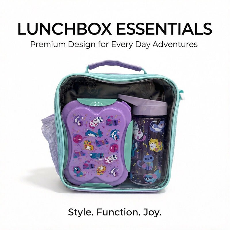 Kids Cartoon Lunch Box Set Insulated Bento Bag Divided Lunch Box Water Bottle 3-Piece Student Lunch Box