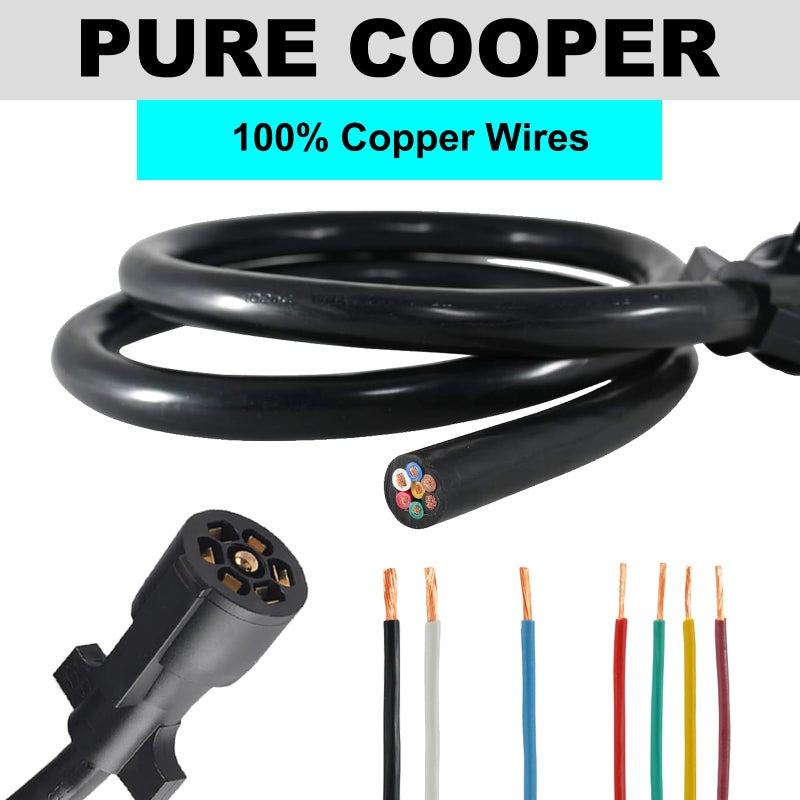 CXTM 7 Way Trailer Cord 7 Way Trailer Plug Inline Cord 6 Feet Trailer Wire Harness Double Prongs Connector 7 pin Trailer Wiring Harness for Camper Blade Molded RV Wire(6ft) - Image 4