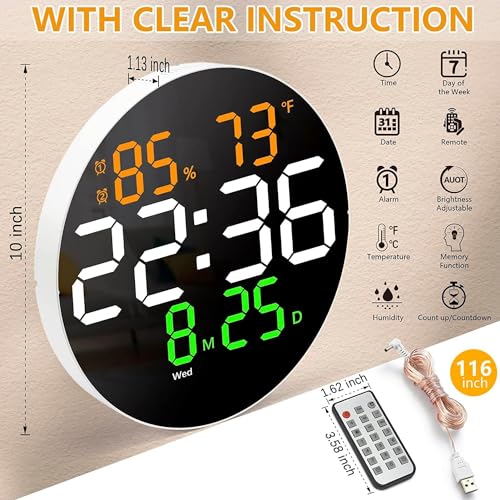 AERYS 10" Digital Alarm Wall Clock Table Clock with Remote, Auto Dimmer, Temperature, Humidity, Dual Alarms, for Living Room, Gym, Garage, Gift, Home Decor (Big Round Wall Clock) (1 Year Warranty) - Image 2