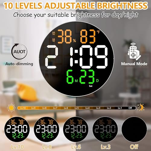 AERYS 10" Digital Alarm Wall Clock Table Clock with Remote, Auto Dimmer, Temperature, Humidity, Dual Alarms, for Living Room, Gym, Garage, Gift, Home Decor (Big Round Wall Clock) (1 Year Warranty) - Image 3