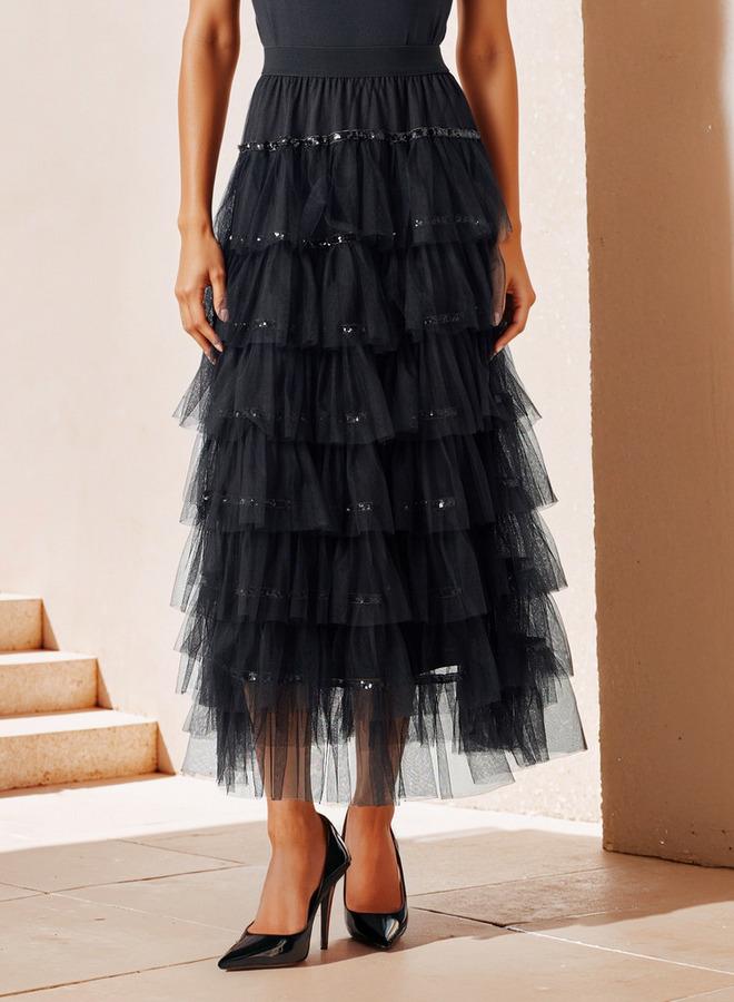 تواكستريمز تنورة ماكسي إيه لاين متعددة الطبقات بحزام خصر مطاطي من تو إكستريمز - Image 1