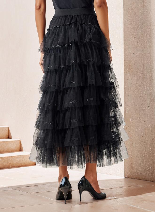 تواكستريمز تنورة ماكسي إيه لاين متعددة الطبقات بحزام خصر مطاطي من تو إكستريمز - Image 3