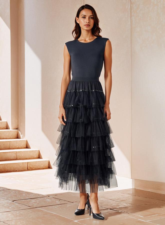 تواكستريمز تنورة ماكسي إيه لاين متعددة الطبقات بحزام خصر مطاطي من تو إكستريمز - Image 2