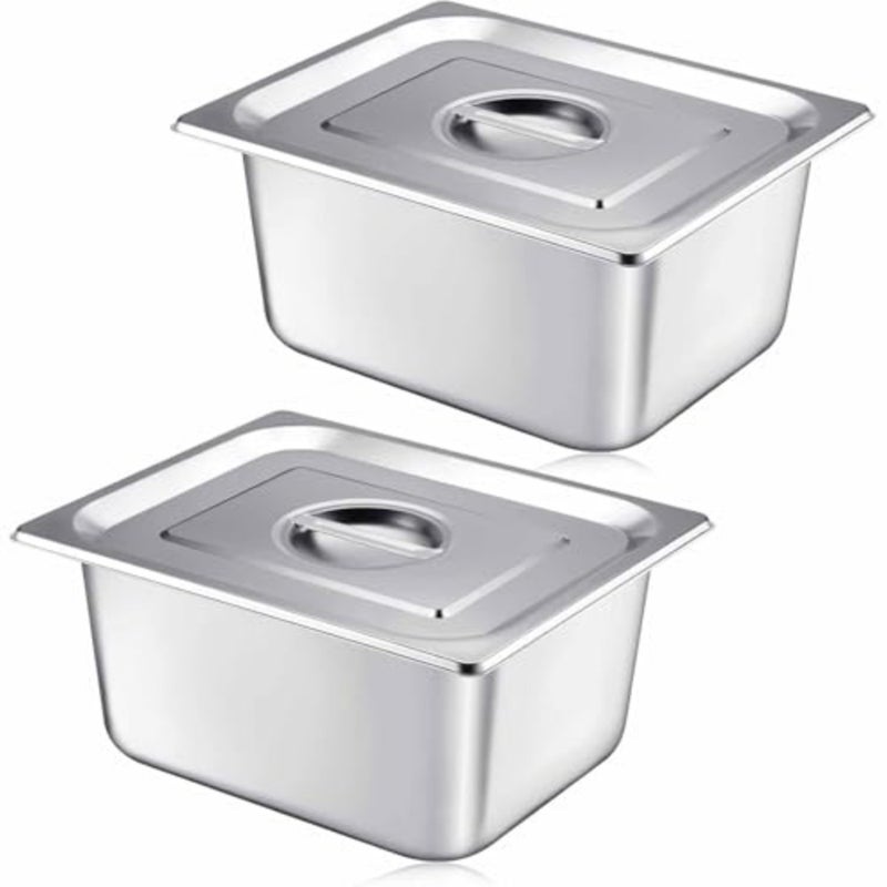 Stainless Steel Steam Hotel Pot with Lid, 1/2 Size × 6 Inches Deep, Silver, Rust-Proof Reusable Food Storage for Family Gatherings and Restaurants 2 Pcs - Image 1