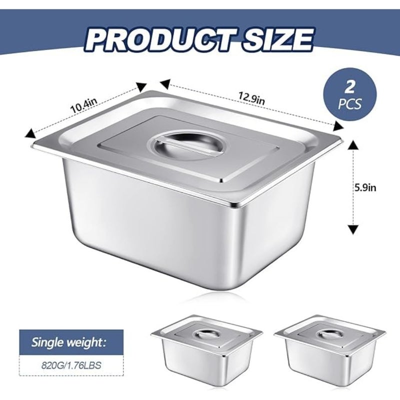 Stainless Steel Steam Hotel Pot with Lid, 1/2 Size × 6 Inches Deep, Silver, Rust-Proof Reusable Food Storage for Family Gatherings and Restaurants 2 Pcs - Image 2