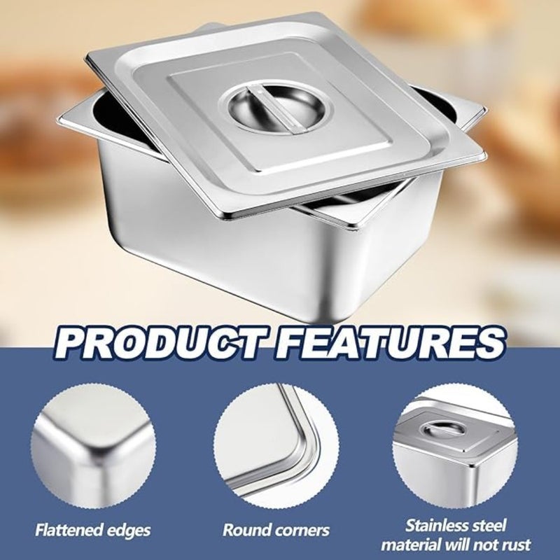 Stainless Steel Steam Hotel Pot with Lid, 1/2 Size × 6 Inches Deep, Silver, Rust-Proof Reusable Food Storage for Family Gatherings and Restaurants 2 Pcs - Image 3
