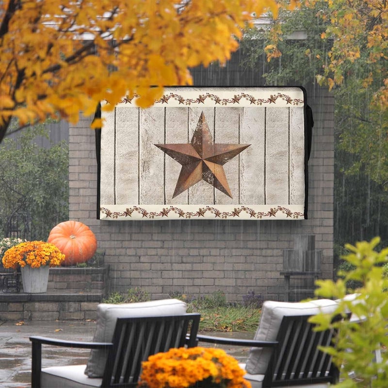 Vintage Country Waterproof Outdoor TV Cover, Rusty Metal Star Berry and Vine Wooden Planks Outside Weatherproof TV Enclosures for 36 to 39 Inch LCD Television Shield Flat Screen Protectors - Image 2