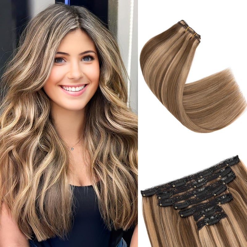 SEGO Clip in Hair Extensions Real Human Hair 10 Inch 4P27 Chocolate Brown mixed Light Brown 85g 7PCS 16 Clips Real Human Hair Extensions Clip ins Real Human Remy Hair Lace Clip In Hair Extensions