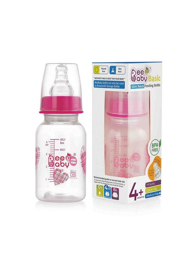 Beebaby زجاجة رضاعة للأطفال ذات عنق نحيف أساسي مع حلمة مضادة للمغص 100% خالية من BPA سعة 125 مل ; 4 أوقيات. (وردي) - Image 1