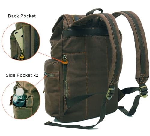 HuaChen Vintage Canvas Backpack with Leather Accents – Durable Travel Rucksack for Hiking, Camping, and Everyday Use for Men and Women - M32 Army Green L - Image 2
