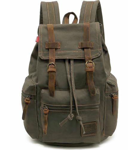 HuaChen Vintage Canvas Backpack with Leather Accents – Durable Travel Rucksack for Hiking, Camping, and Everyday Use for Men and Women - M32 Army Green L - Image 1