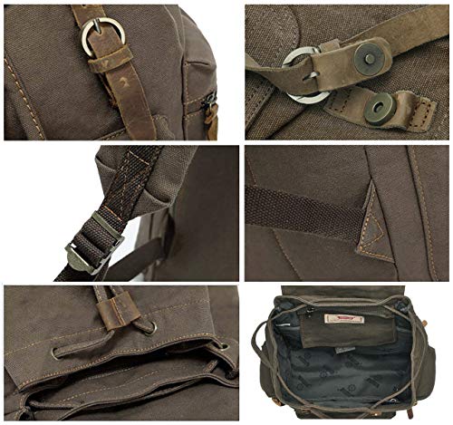 HuaChen Vintage Canvas Backpack with Leather Accents – Durable Travel Rucksack for Hiking, Camping, and Everyday Use for Men and Women - M32 Army Green L - Image 4