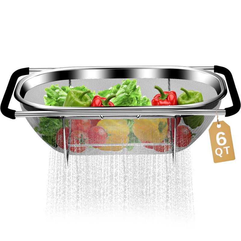 UTTKOJ Over the Sink Colander - Strainers and Colanders - Stainless Steel Strainer - Expandable Sink Colander with Rubber Grip for Strain, Drain, Rinse Fruits, Vegetables Home Kitchen Essentials - Image 1