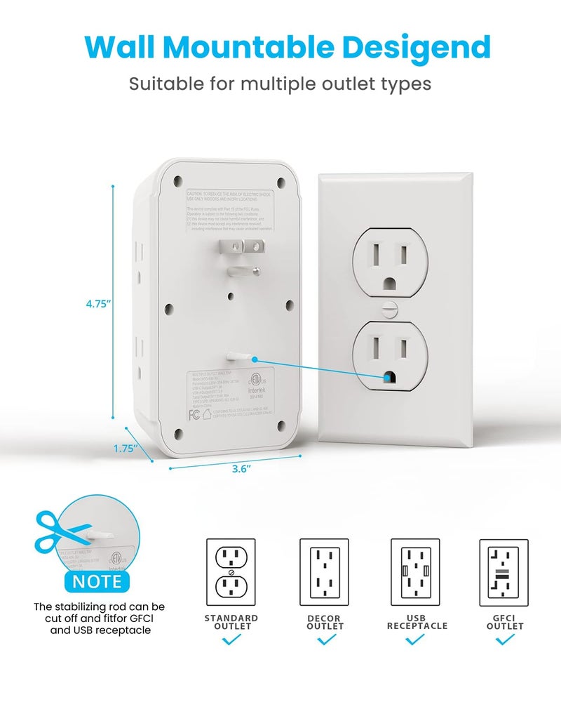 VINTAR [2-Pack] Surge Protector Outlet Extender, 6 Outlet Splitter with 3 USB Charging Ports (2 USB C),900J Multi Plug Outlet Power Strip, 3-Sided Usb Wall Charger for Home Office Dorm Room Essentials - Image 5