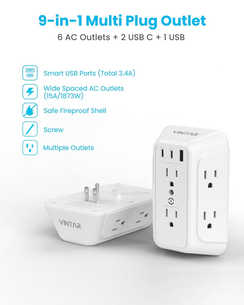VINTAR [2-Pack] Surge Protector Outlet Extender, 6 Outlet Splitter with 3 USB Charging Ports (2 USB C),900J Multi Plug Outlet Power Strip, 3-Sided Usb Wall Charger for Home Office Dorm Room Essentials - Image 2