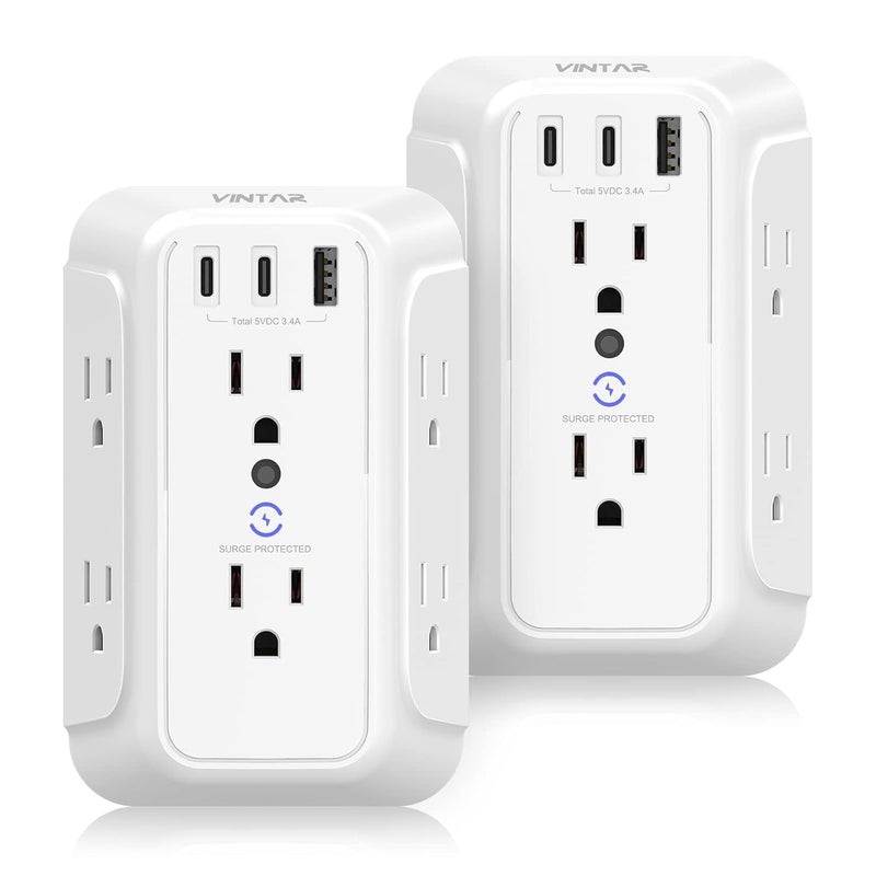 VINTAR [2-Pack] Surge Protector Outlet Extender, 6 Outlet Splitter with 3 USB Charging Ports (2 USB C),900J Multi Plug Outlet Power Strip, 3-Sided Usb Wall Charger for Home Office Dorm Room Essentials - Image 1