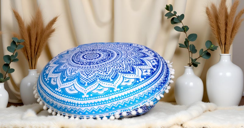 CRAFT KALA Round Mandala Boho Pillow Cover Meditation India Room Seating Poufs Cover for Living Room Yoga Room Home Décor Bedroom Balcony Garden Decoration Cotton Floor Cushion Cover (22", Blue Ombre) - Image 2