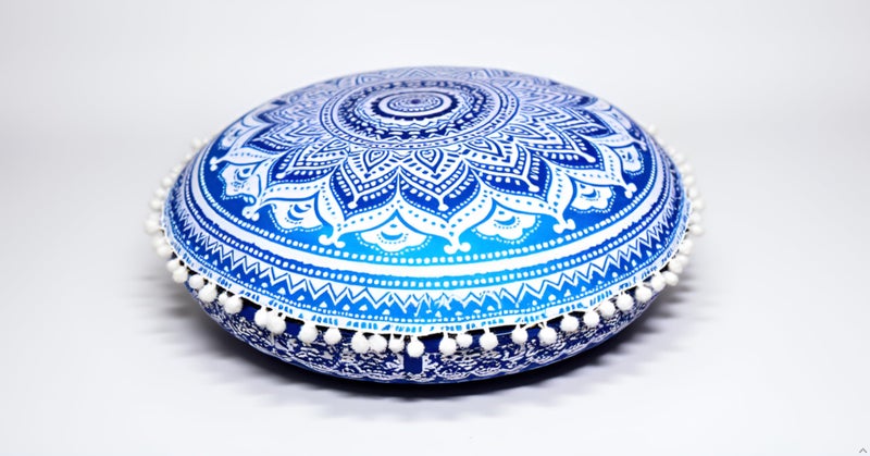 CRAFT KALA Round Mandala Boho Pillow Cover Meditation India Room Seating Poufs Cover for Living Room Yoga Room Home Décor Bedroom Balcony Garden Decoration Cotton Floor Cushion Cover (22", Blue Ombre) - Image 1