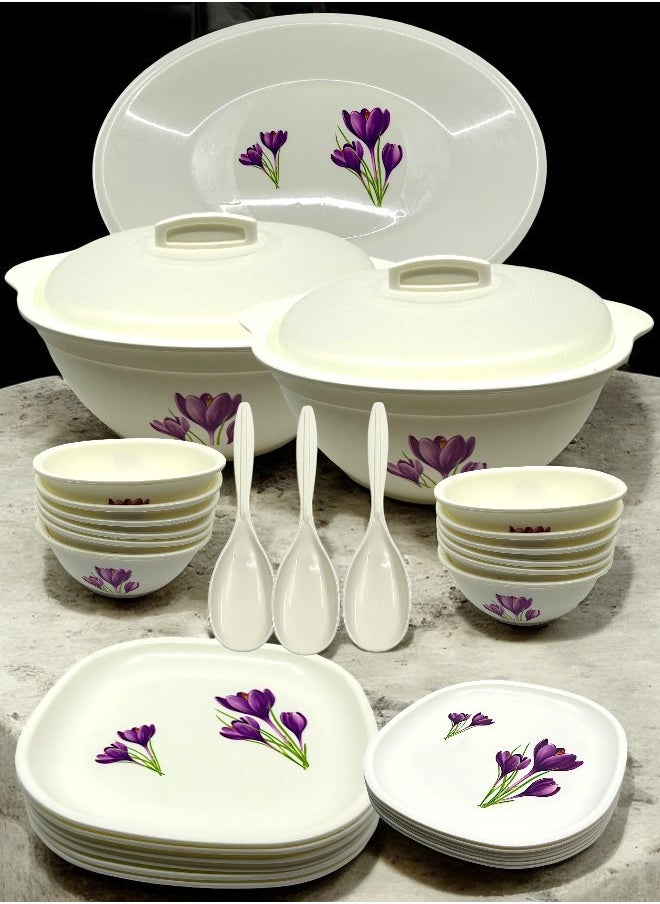 JAYPEE Plastic Le Diner 34 Pieces Dinner Set -Square, White Purple Flower  - Image 1