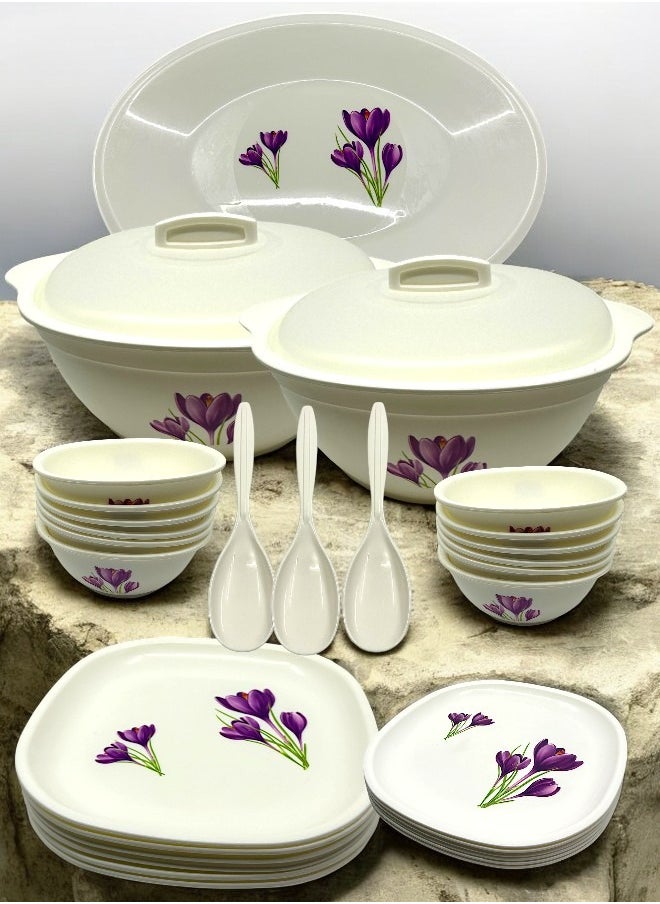 JAYPEE Plastic Le Diner 34 Pieces Dinner Set -Square, White Purple Flower  - Image 2