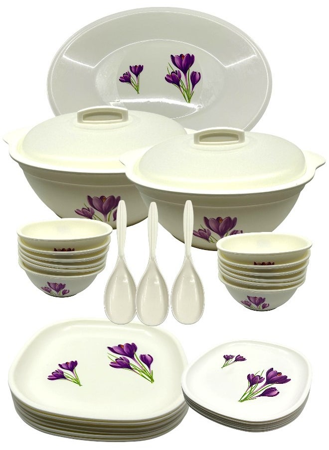 JAYPEE Plastic Le Diner 34 Pieces Dinner Set -Square, White Purple Flower  - Image 3