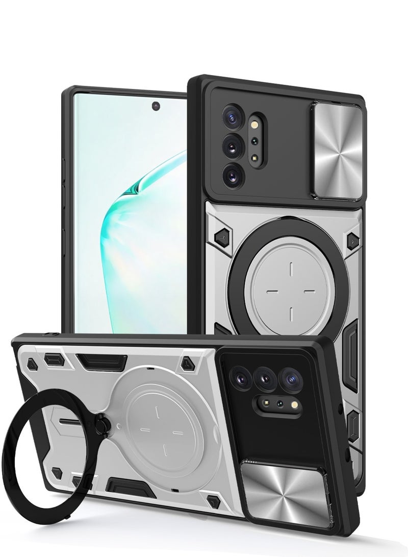 جراب حمايه مقاوم للصدمات وحمايه للكاميرا مزود بدبله معدنيه سي دي متوافق مع Samsung Galaxy Note 10 plus (فضي)
