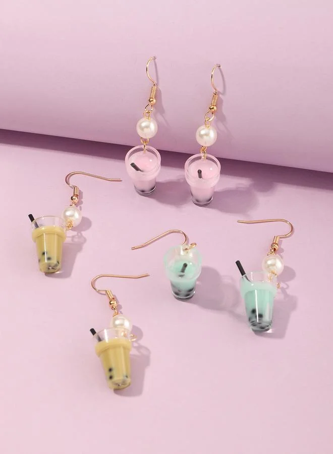 Take Two Girls Set of 3 - Pearl Milk Tea Design Earrings