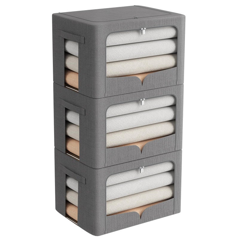 FHSQX 3 Pack Clothes Storage Bins Foldable Metal Frame Storage Box Stackable Linen Fabric Organizer Set with Carrying Handles and Clear Window Dark Gray 157x118x118inch36L