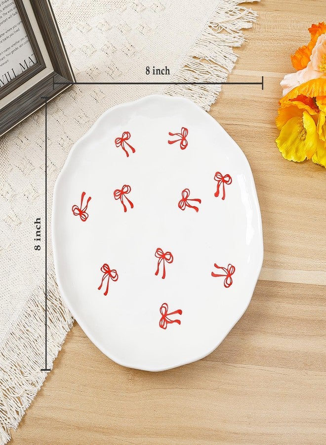 Koythin Floral Ceramic Dinner Plates, 8" Microwave Safe Dishes for Pasta, Modern Rustic Appetizer Plate for Salad Fruits Dessert Cake (Double Line Bow) - Image 2