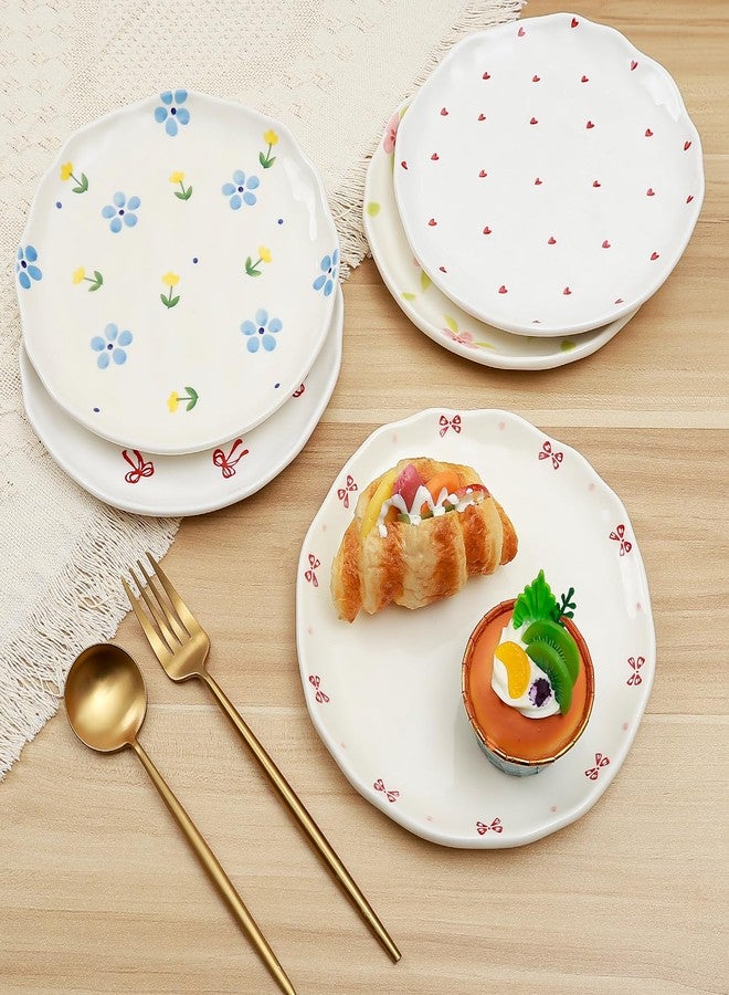 Koythin Floral Ceramic Dinner Plates, 8" Microwave Safe Dishes for Pasta, Modern Rustic Appetizer Plate for Salad Fruits Dessert Cake (Double Line Bow) - Image 5