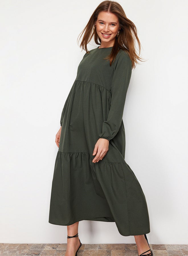 trendyol Khaki Ruffle Detailed Cotton Wide Fit Woven Dress TCTSS21EL3406  - Image 3