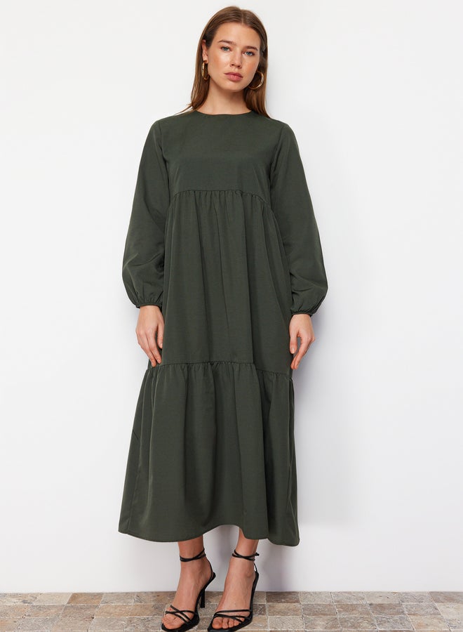 trendyol Khaki Ruffle Detailed Cotton Wide Fit Woven Dress TCTSS21EL3406  - Image 2