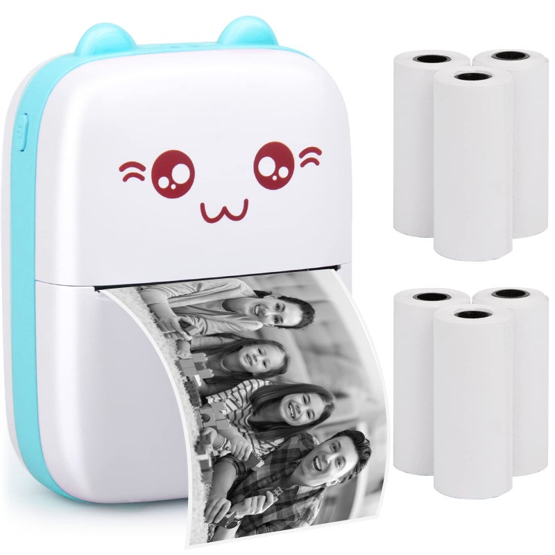 Portable Printer Mini Pocket Wireless Bluetooth Thermal Printers with 6 Rolls Printing Paper for Android iOS Smartphone BT Inkless Printing Gift for Label Receipt Photo Notes Study Home Office Blue