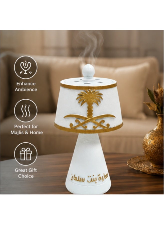 مبخرة بخور بيضاء وذهبية بتصميم عربي، مبخرة عود ودخون، ديكور منزلي إسلامي، هدية رمضان والعيد - Image 2
