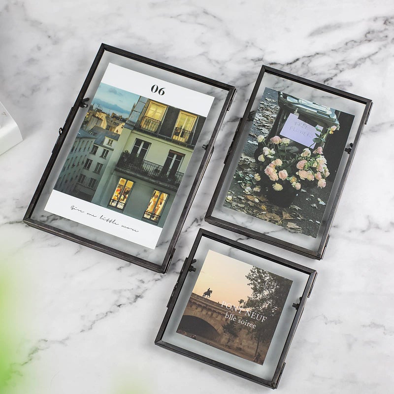 Jajamy Set of 3 Glass Pressed Flowers Frame  Vintage Gunmetal Gray Floating Picture Frames Collection 4""x4""  4""x6""  5""x7"" Metal Tabletop Standing Glass Floating Picture Frame Home Decor Artwork Photo Display - Image 3