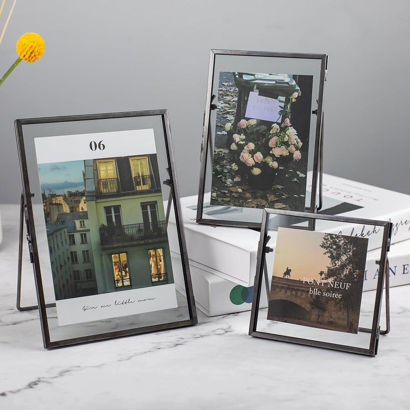 Jajamy Set of 3 Glass Pressed Flowers Frame  Vintage Gunmetal Gray Floating Picture Frames Collection 4""x4""  4""x6""  5""x7"" Metal Tabletop Standing Glass Floating Picture Frame Home Decor Artwork Photo Display - Image 5