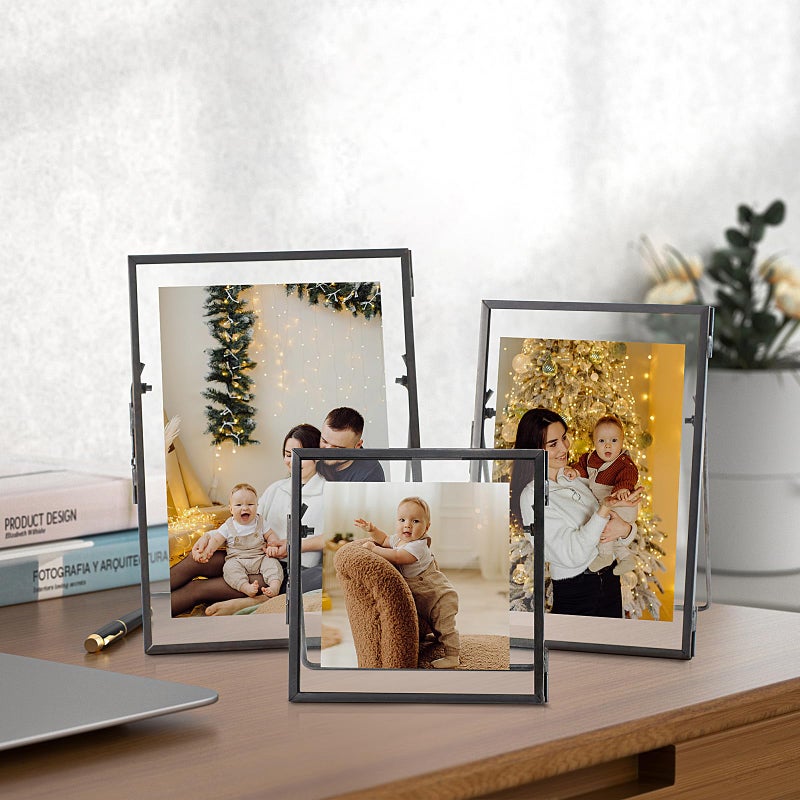 Jajamy Set of 3 Glass Pressed Flowers Frame  Vintage Gunmetal Gray Floating Picture Frames Collection 4""x4""  4""x6""  5""x7"" Metal Tabletop Standing Glass Floating Picture Frame Home Decor Artwork Photo Display - Image 2