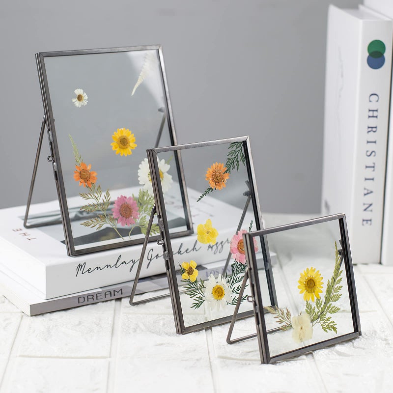 Jajamy Set of 3 Glass Pressed Flowers Frame  Vintage Gunmetal Gray Floating Picture Frames Collection 4""x4""  4""x6""  5""x7"" Metal Tabletop Standing Glass Floating Picture Frame Home Decor Artwork Photo Display - Image 4