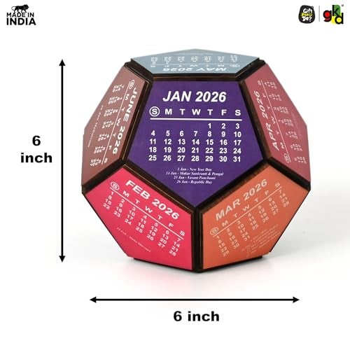 Gift Kya De Desk calendar and table decorative items wooden 3D Premium Pentagonal shape design 2026 calendar big size unique corporate gift for office decor (colourful 6 Inch) - Image 3