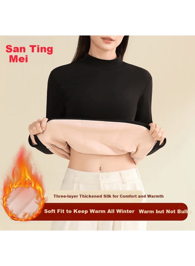 GRACEWELL Tingmei [triple Silk] Fleece-lined Thickened Half Turtleneck Base Layer Top Women's Autumn Winter Thermal Underwear Shirt - Image 1
